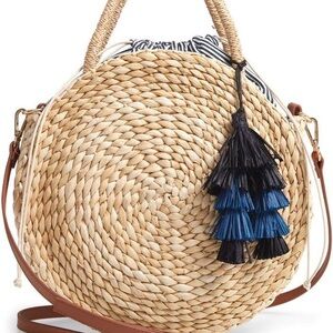 Nordstrom Joni Circular Raffia Tote with blue tassels